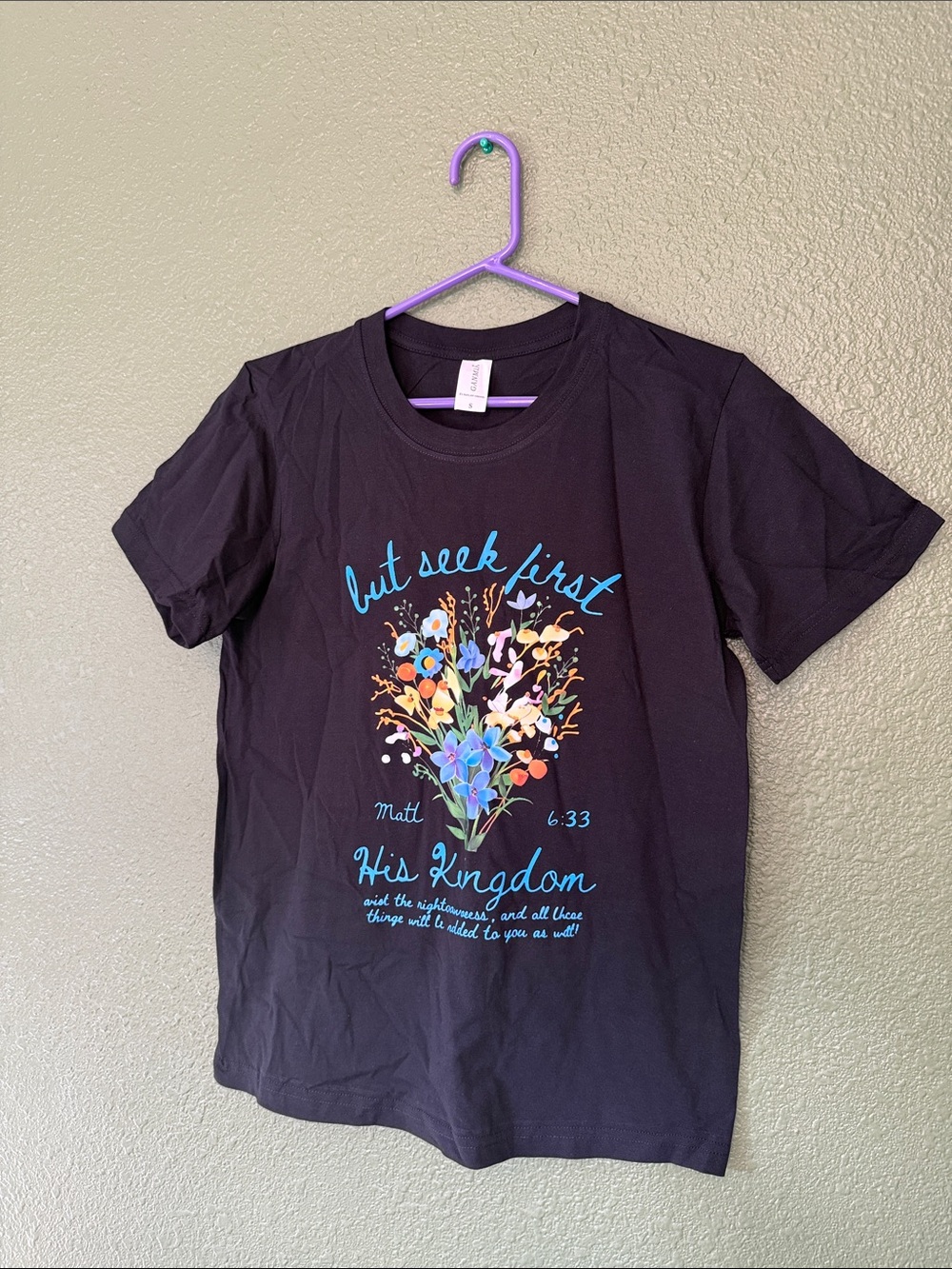 Black Graphic Tee - "But Seek First" Floral Design
